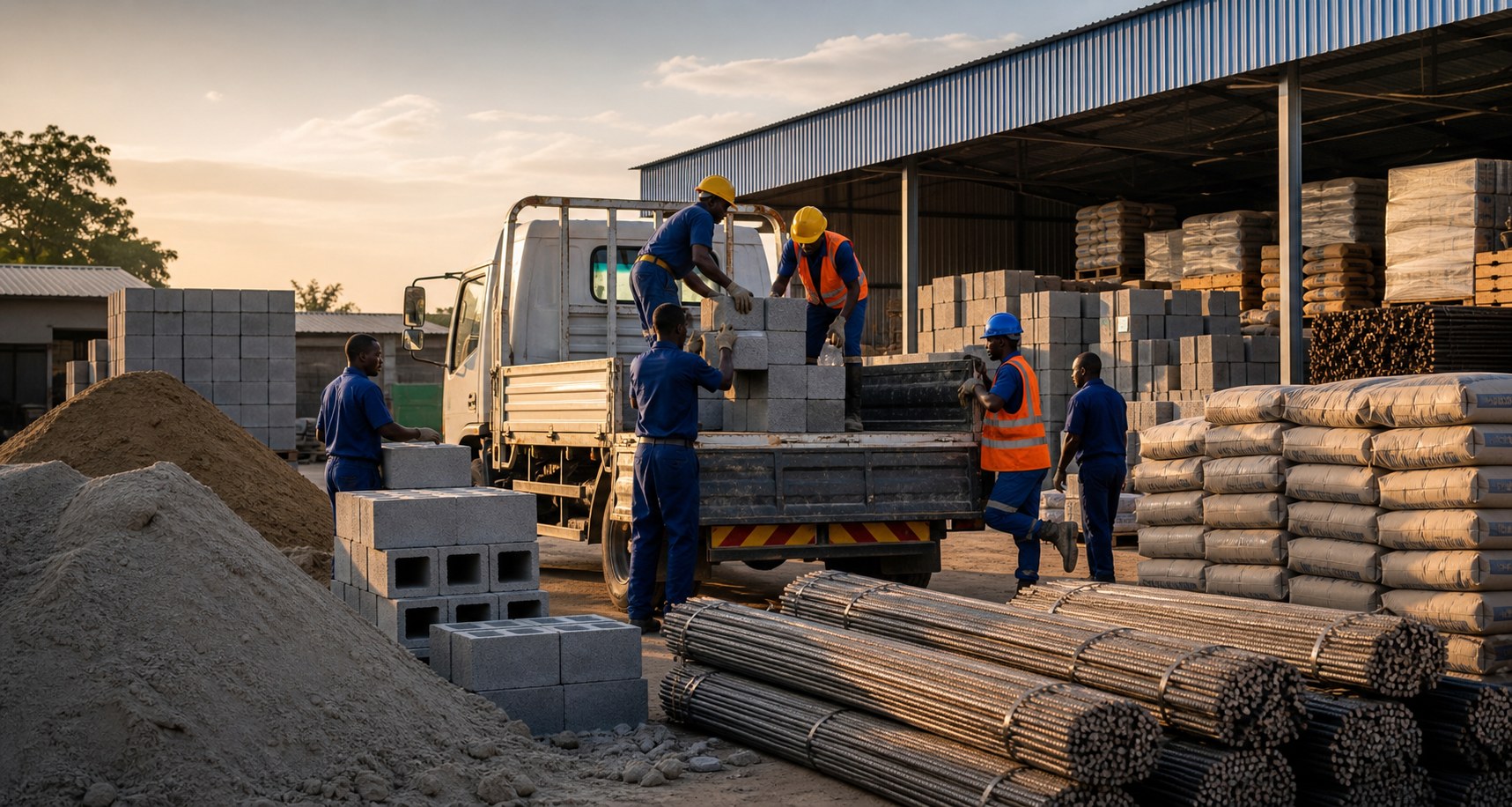 Workers loading concrete blocks and cement for delivery